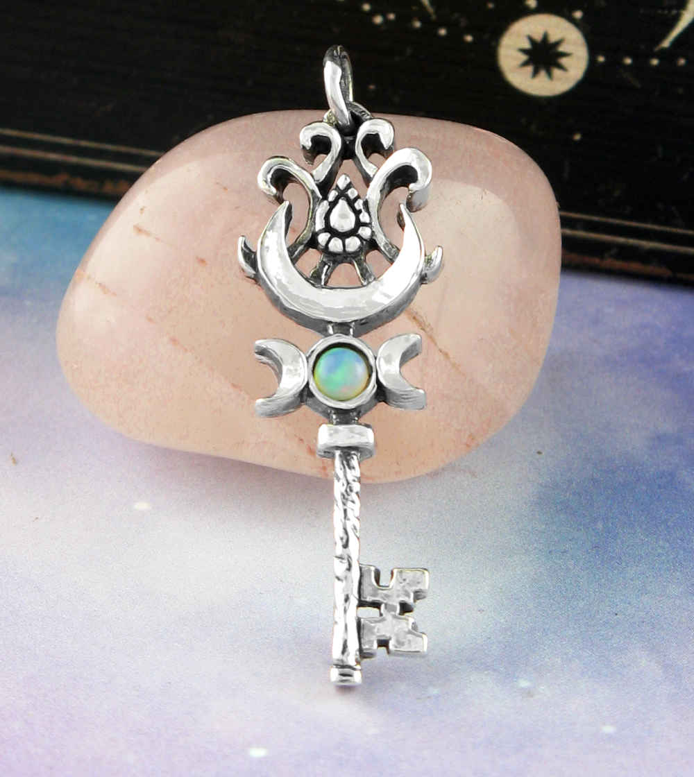 Triple Moon Key Pendant | Handmade Sterling Silver Opal Necklace