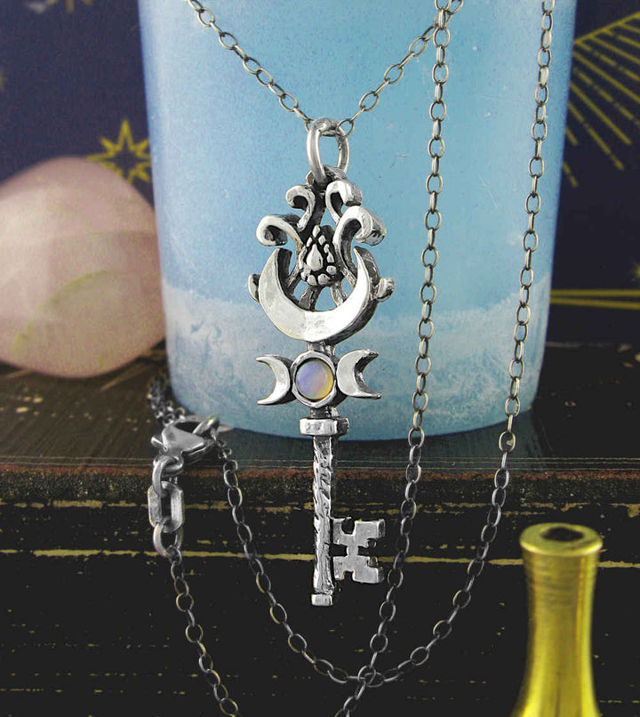 Triple Moon Key Pendant | Handmade Sterling Silver Opal Necklace