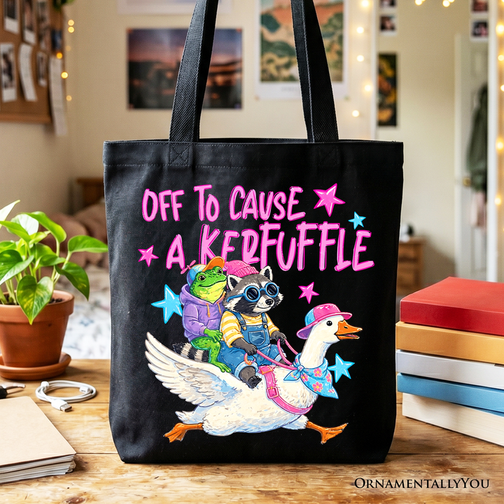 Off to Cause a Kerfuffle Tote Bag – Funny Frog, Raccoon & Goose Shopper