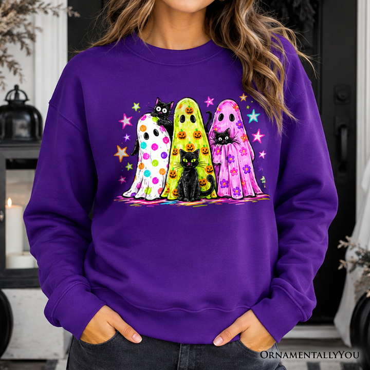Colorful Ghosts & Black Cats Neon Halloween Sweatshirt