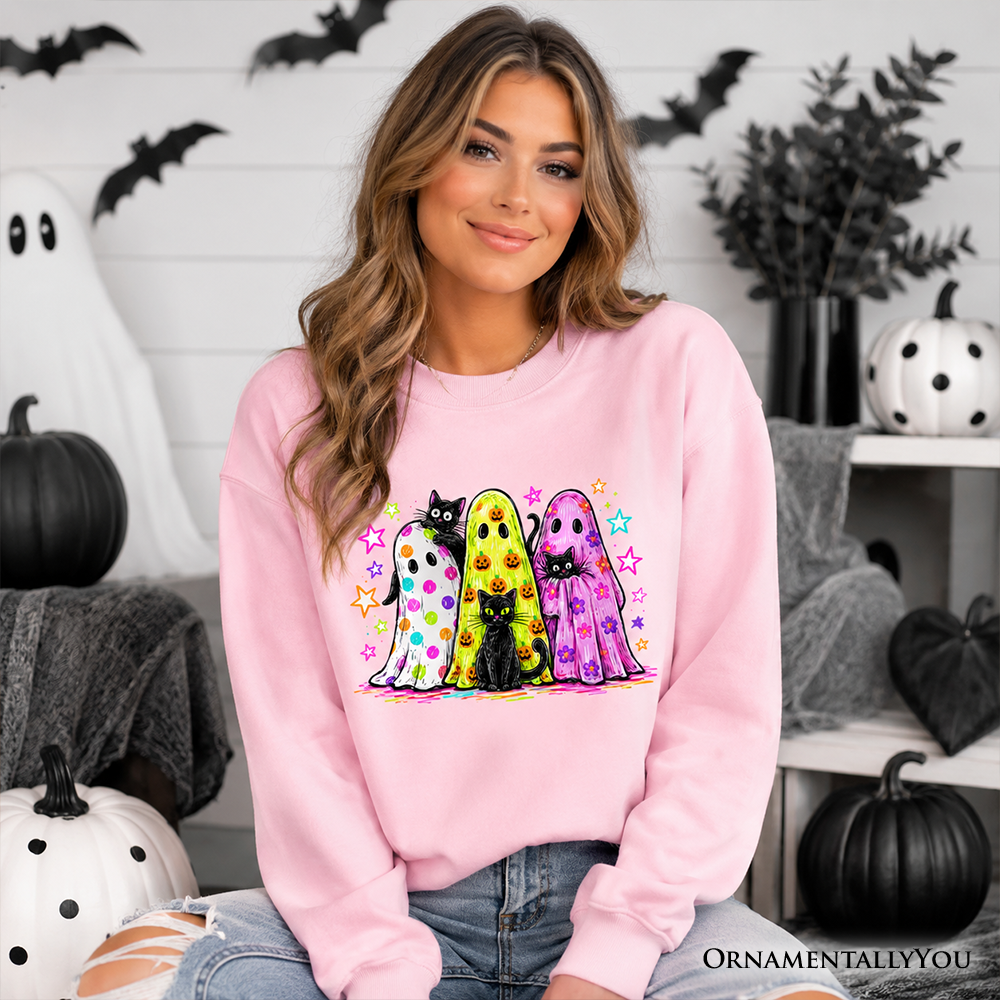 Colorful Ghosts & Black Cats Neon Halloween Sweatshirt