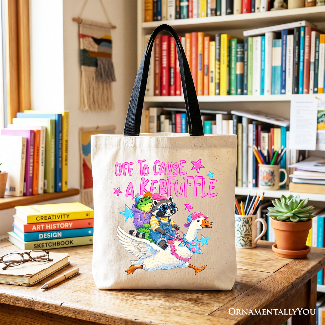 Off to Cause a Kerfuffle Tote Bag – Funny Frog, Raccoon & Goose Shopper
