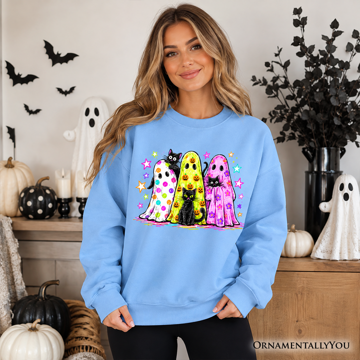 Colorful Ghosts & Black Cats Neon Halloween Sweatshirt