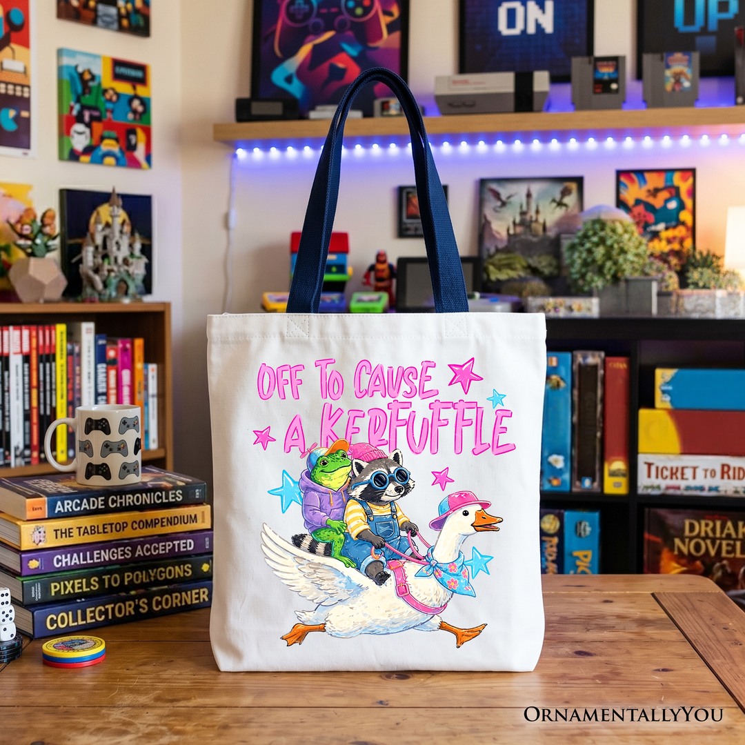 Off to Cause a Kerfuffle Tote Bag – Funny Frog, Raccoon & Goose Shopper