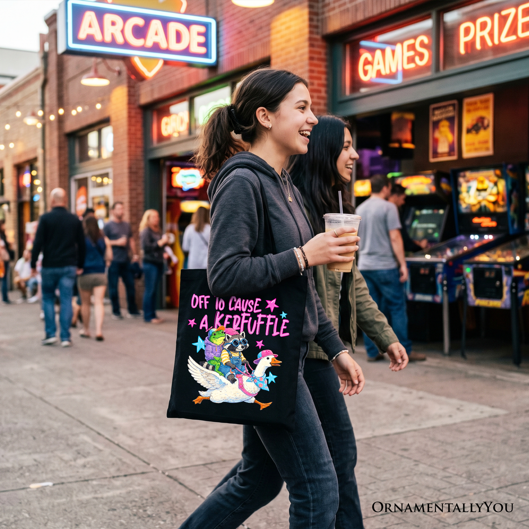 Off to Cause a Kerfuffle Tote Bag – Funny Frog, Raccoon & Goose Shopper