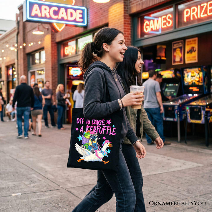 Off to Cause a Kerfuffle Tote Bag – Funny Frog, Raccoon & Goose Shopper