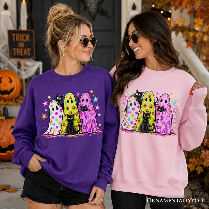 Colorful Ghosts & Black Cats Neon Halloween Sweatshirt
