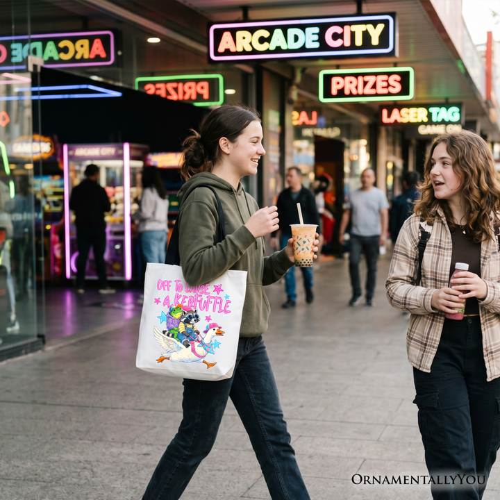 Off to Cause a Kerfuffle Tote Bag – Funny Frog, Raccoon & Goose Shopper