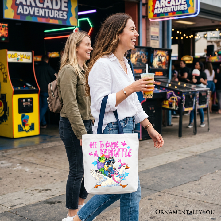 Off to Cause a Kerfuffle Tote Bag – Funny Frog, Raccoon & Goose Shopper