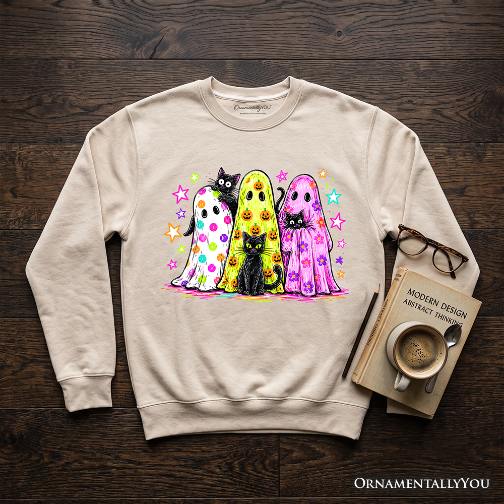 Colorful Ghosts & Black Cats Neon Halloween Sweatshirt