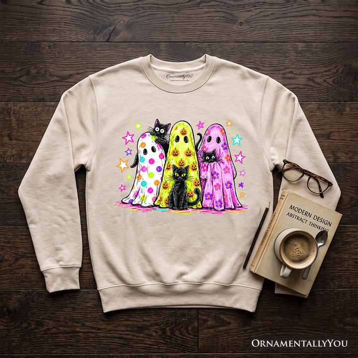 Colorful Ghosts & Black Cats Neon Halloween Sweatshirt
