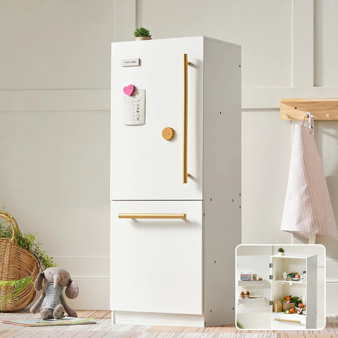 Tiny Land® Play Kitchen Accessories – Play Kitchen Fridge: Wooden Cabinet Refrigerator for Kids