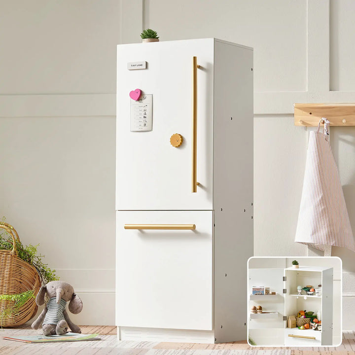 Tiny Land® Play Kitchen Accessories – Play Kitchen Fridge: Wooden Cabinet Refrigerator for Kids