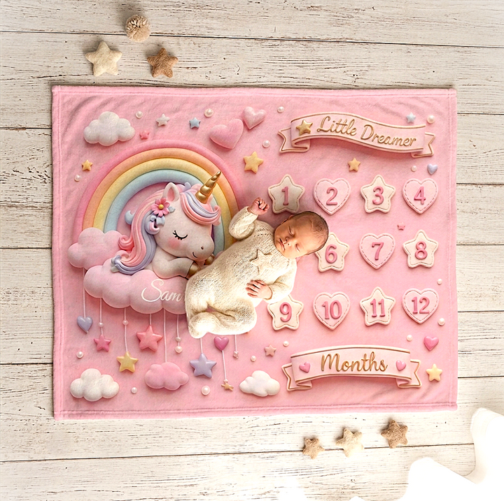Pink Unicorn Baby Milestone Blanket for Monthly Photos