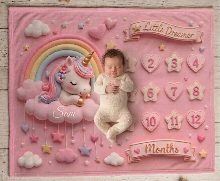 Pink Unicorn Baby Milestone Blanket for Monthly Photos