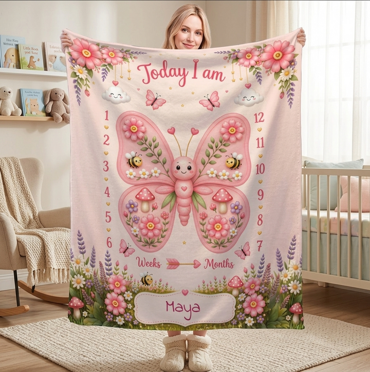 Personalized Butterfly Baby Milestone Photo Blanket