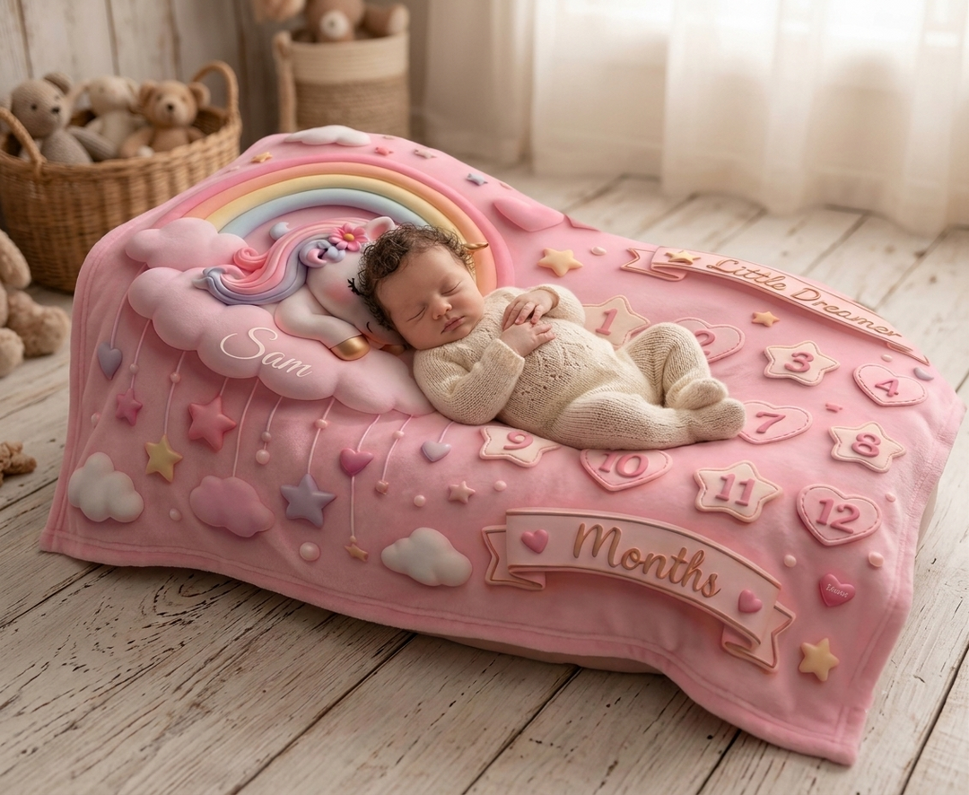 Pink Unicorn Baby Milestone Blanket for Monthly Photos