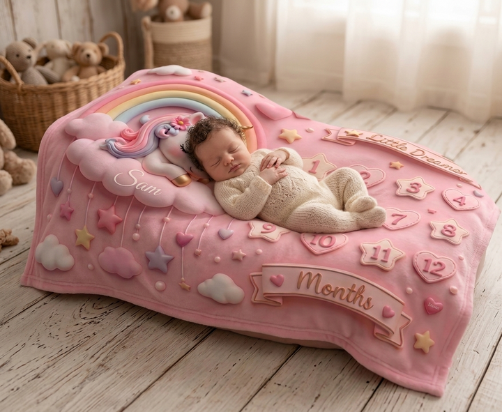 Pink Unicorn Baby Milestone Blanket for Monthly Photos