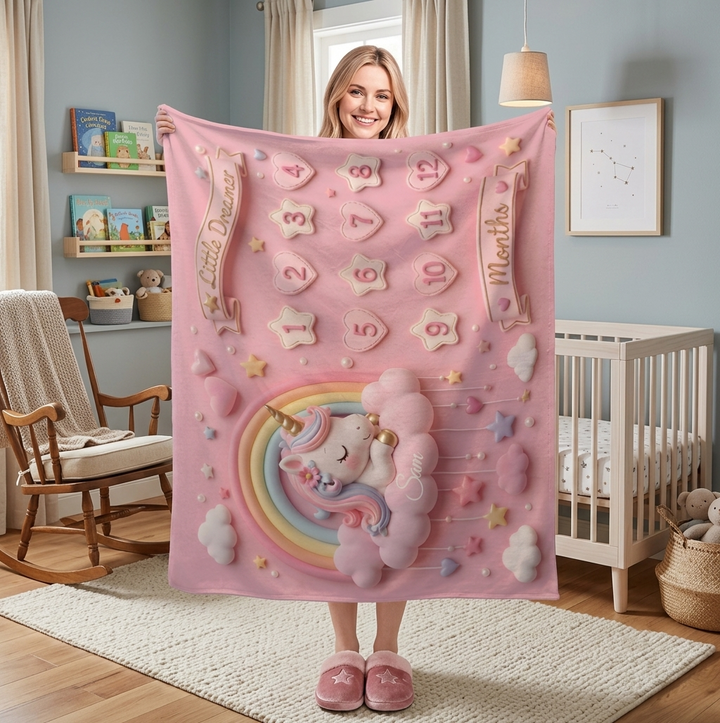 Pink Unicorn Baby Milestone Blanket for Monthly Photos