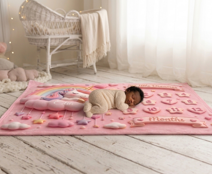 Pink Unicorn Baby Milestone Blanket for Monthly Photos