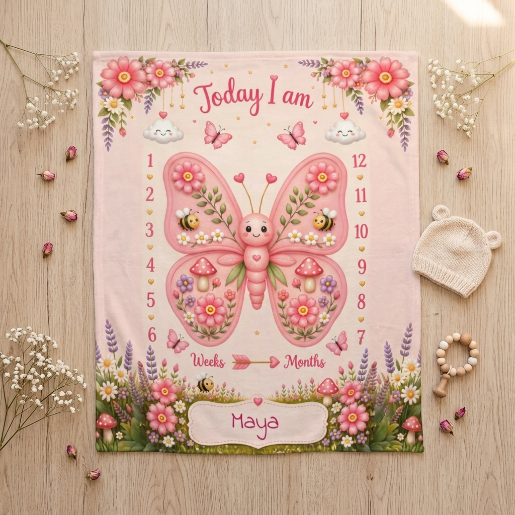 Personalized Butterfly Baby Milestone Photo Blanket