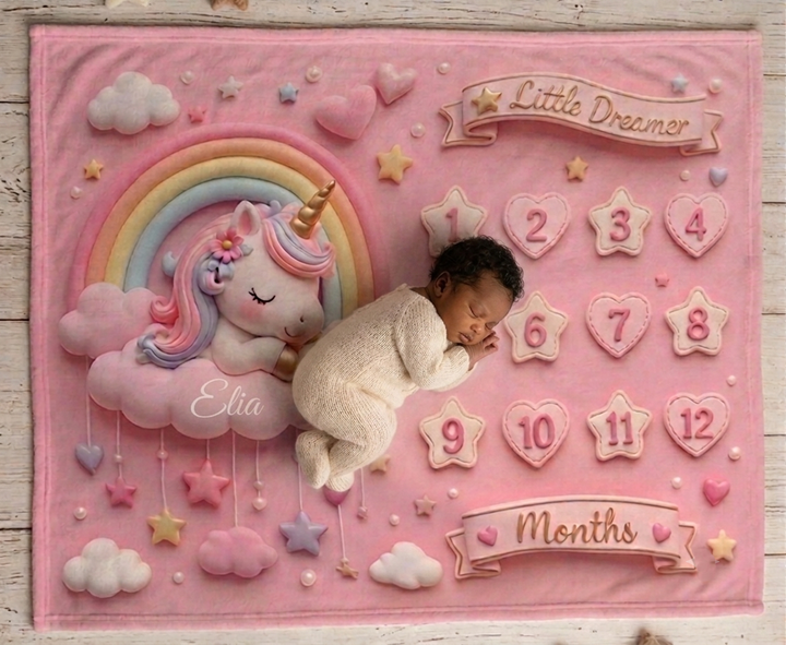 Pink Unicorn Baby Milestone Blanket for Monthly Photos