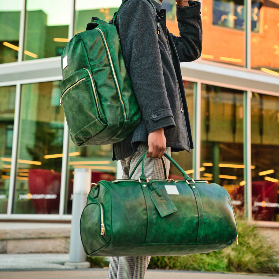 Emerald Green Leather 2 Bag Set – Commuter Backpack & Duffle Bag