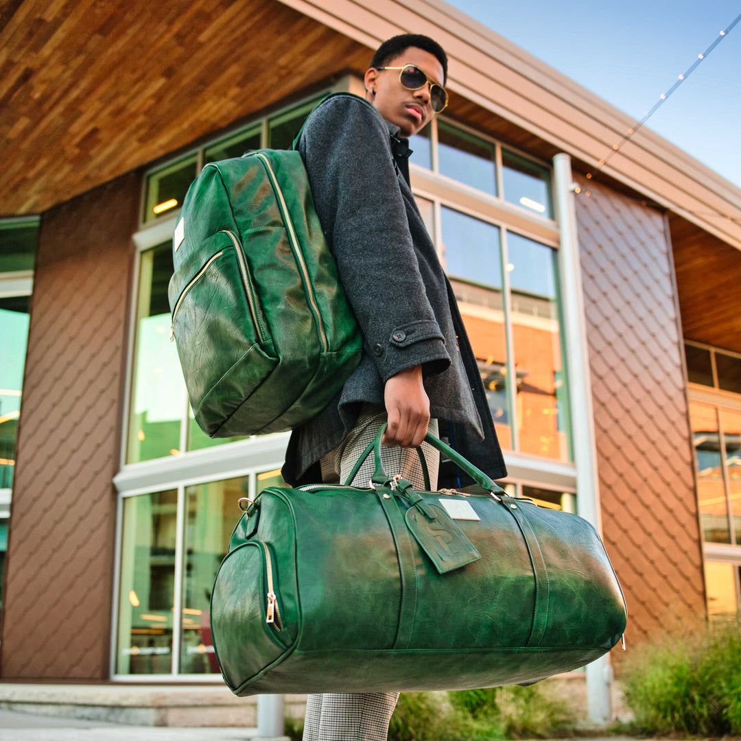 Emerald Green Leather 2 Bag Set – Commuter Backpack & Duffle Bag