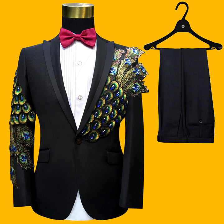 Men’s Blue Embroidered Black Tuxedo Suit – 4 Piece Set