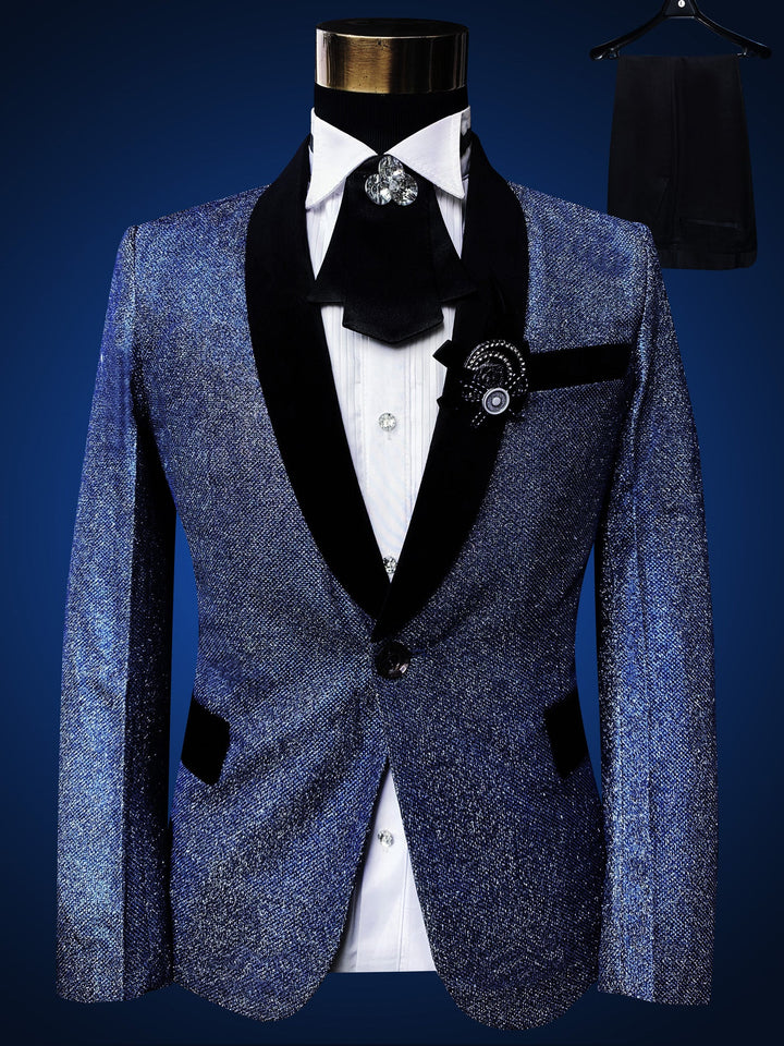 Men’s Blue Embroidered Black Tuxedo Suit – 4 Piece Set