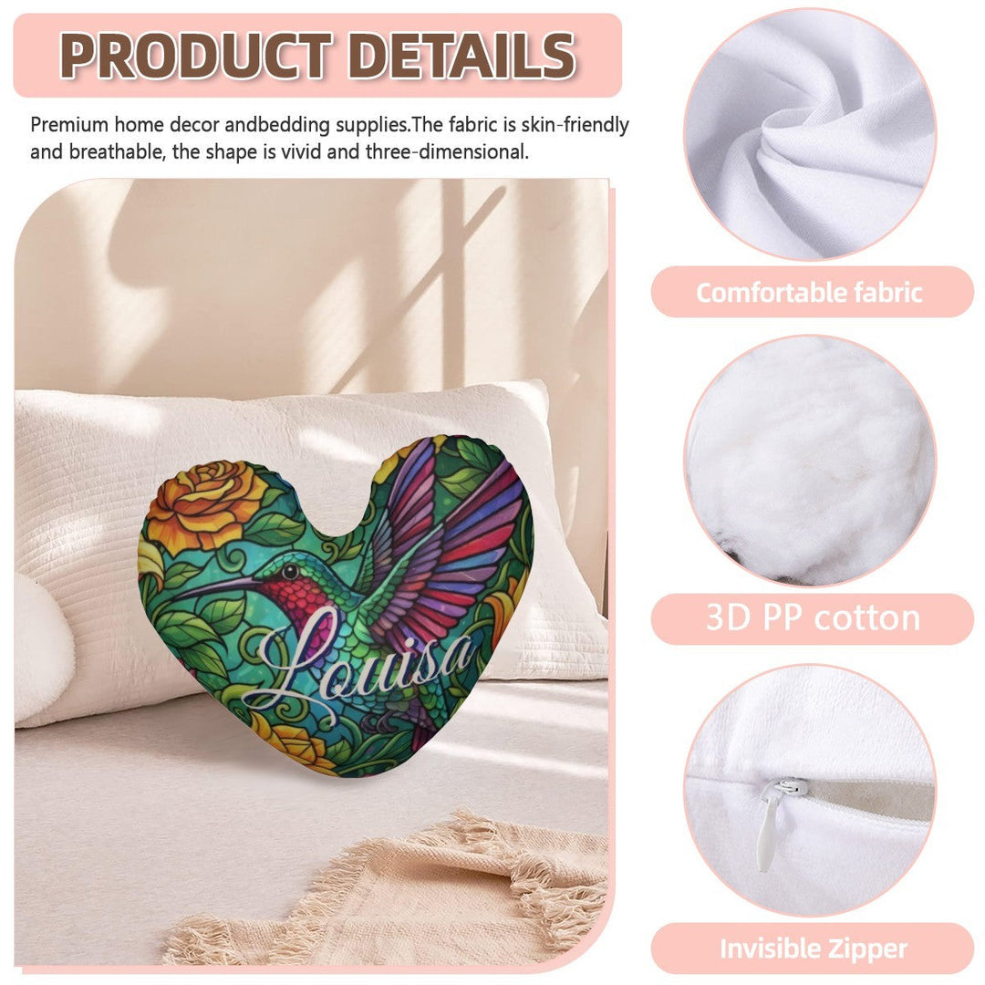 Personalized Hummingbird Heart Pillow with Custom Name