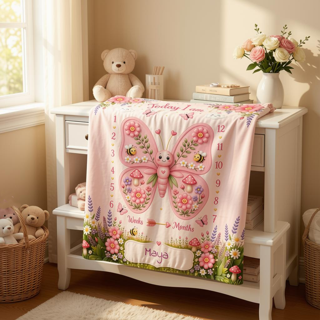 Personalized Butterfly Baby Milestone Photo Blanket