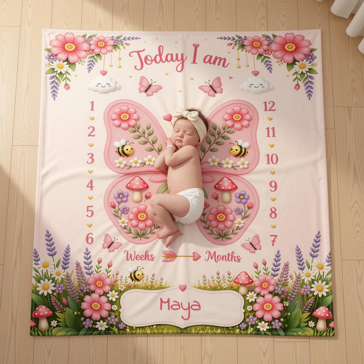 Personalized Butterfly Baby Milestone Photo Blanket