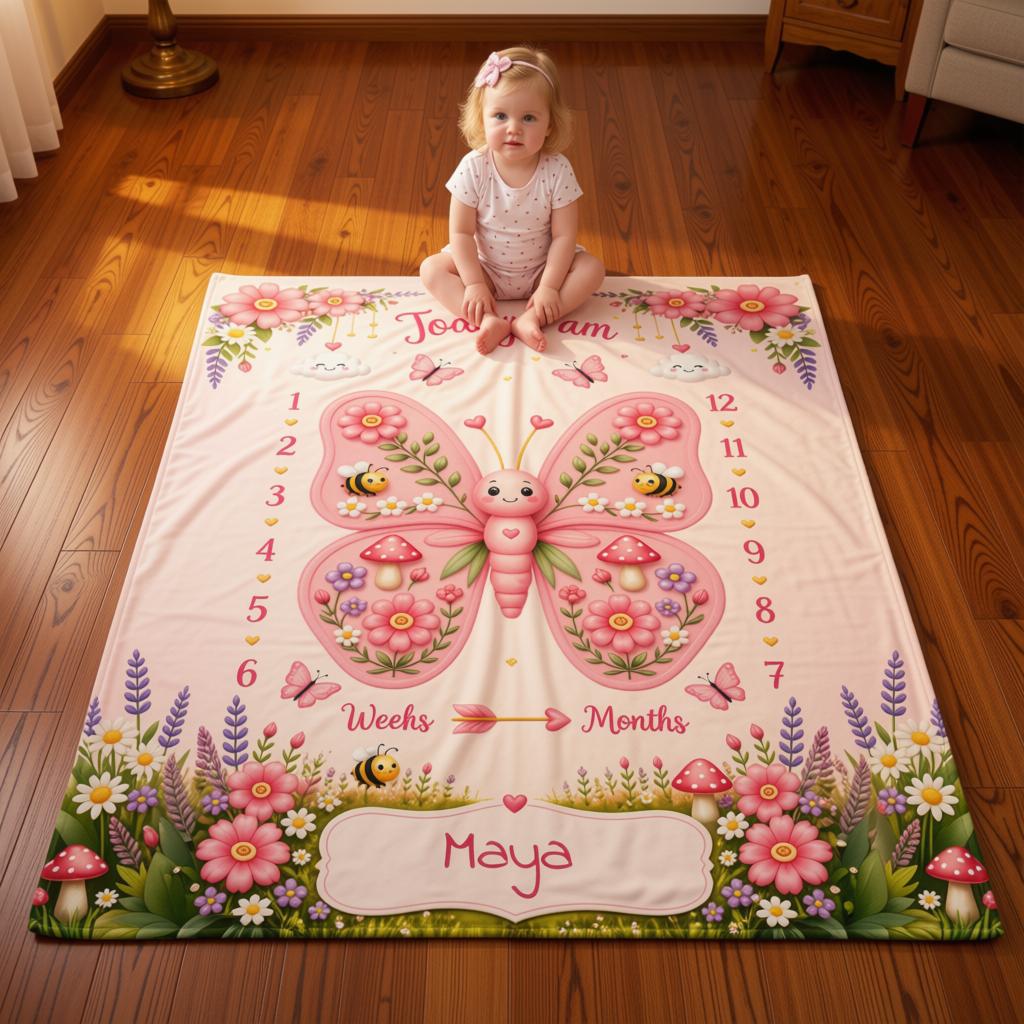 Personalized Butterfly Baby Milestone Photo Blanket