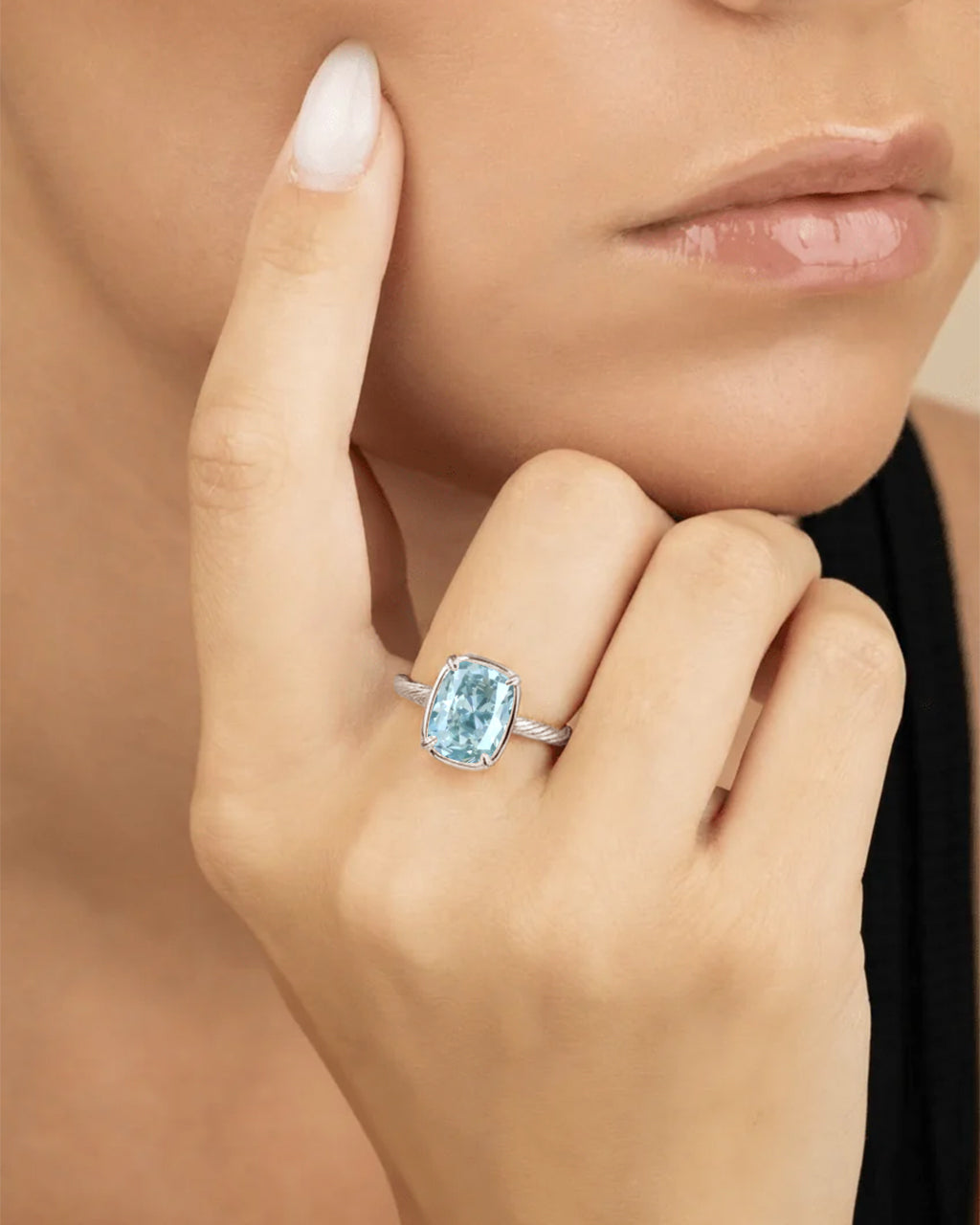 Sterling Silver Mini Aquamarine Cushion Ring – 14K Gold Plated