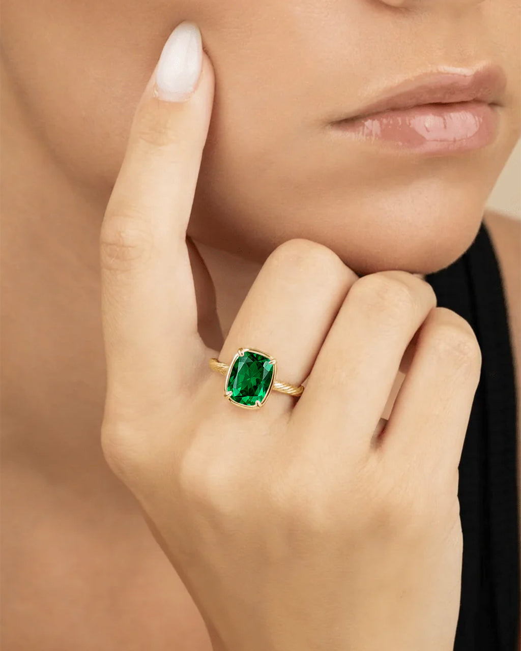 Sterling Silver Mini Emerald Cushion Ring | 14K Gold