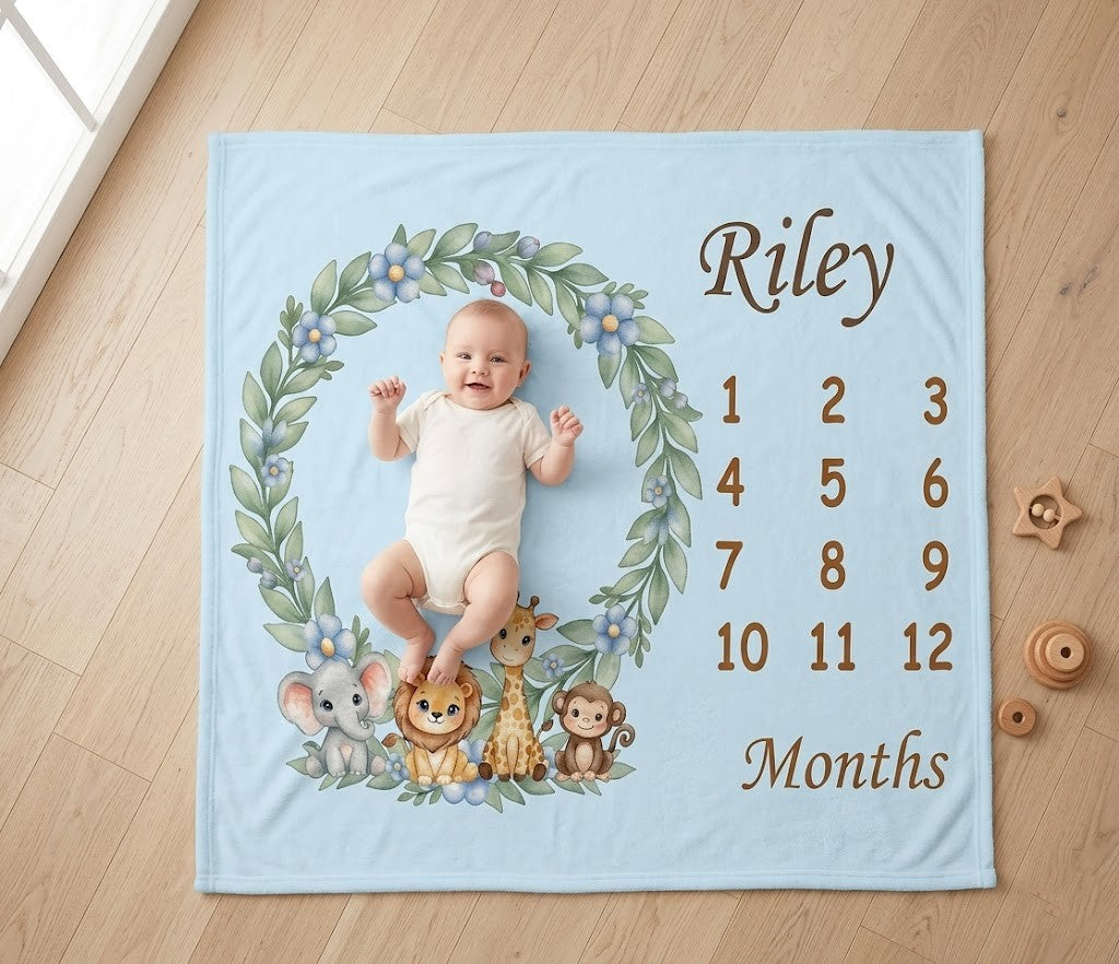 Personalized Baby Safari Milestone Blanket with Name