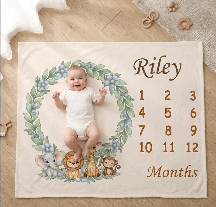 Personalized Baby Safari Milestone Blanket with Name