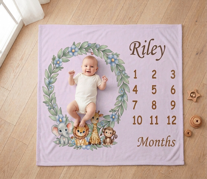 Personalized Baby Safari Milestone Blanket with Name