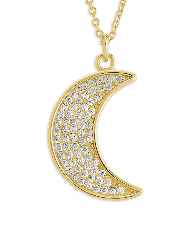 Pavé CZ Crescent Moon Pendant Necklace – 14K Gold Plated
