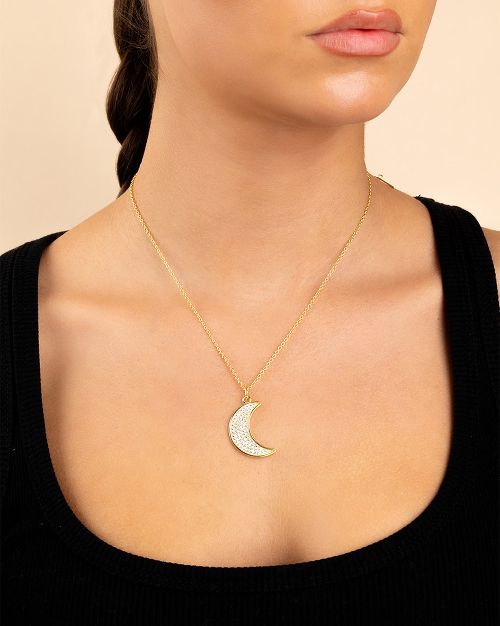 Pavé CZ Crescent Moon Pendant Necklace – 14K Gold Plated