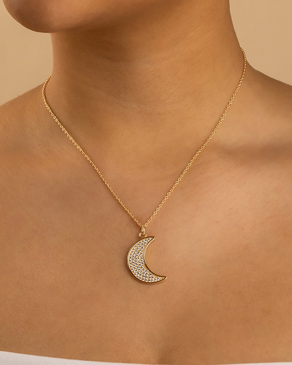 Pavé CZ Crescent Moon Pendant Necklace – 14K Gold Plated