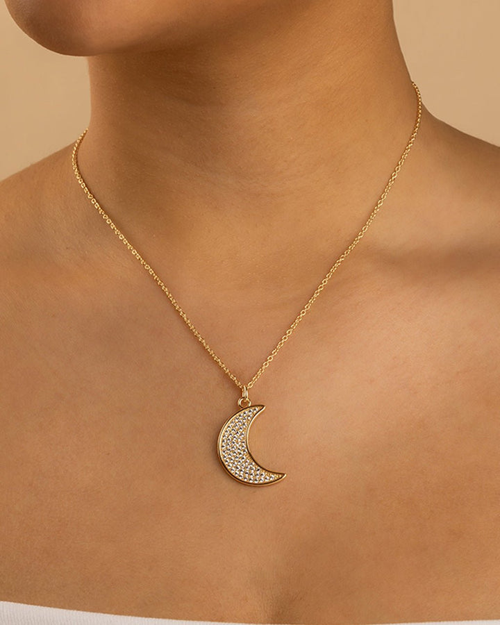 Pavé CZ Crescent Moon Pendant Necklace – 14K Gold Plated