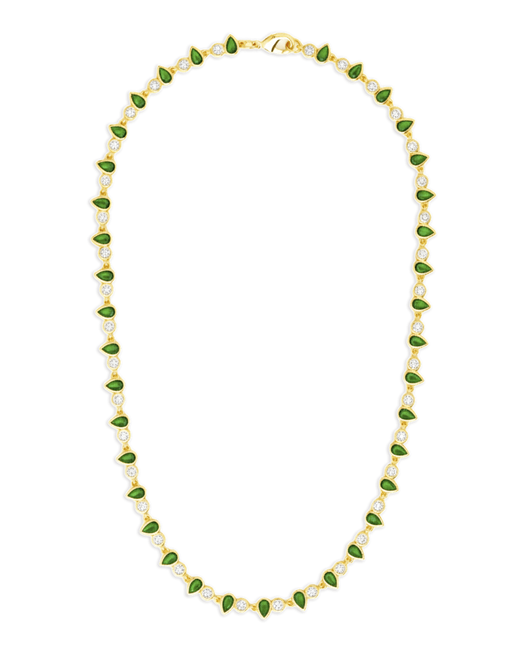 Emerald Pear & Round Cut Bezel CZ Tennis Necklace – 14K Gold Plated