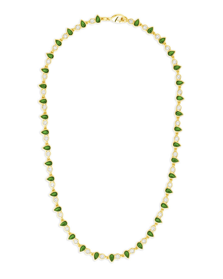 Emerald Pear & Round Cut Bezel CZ Tennis Necklace – 14K Gold Plated