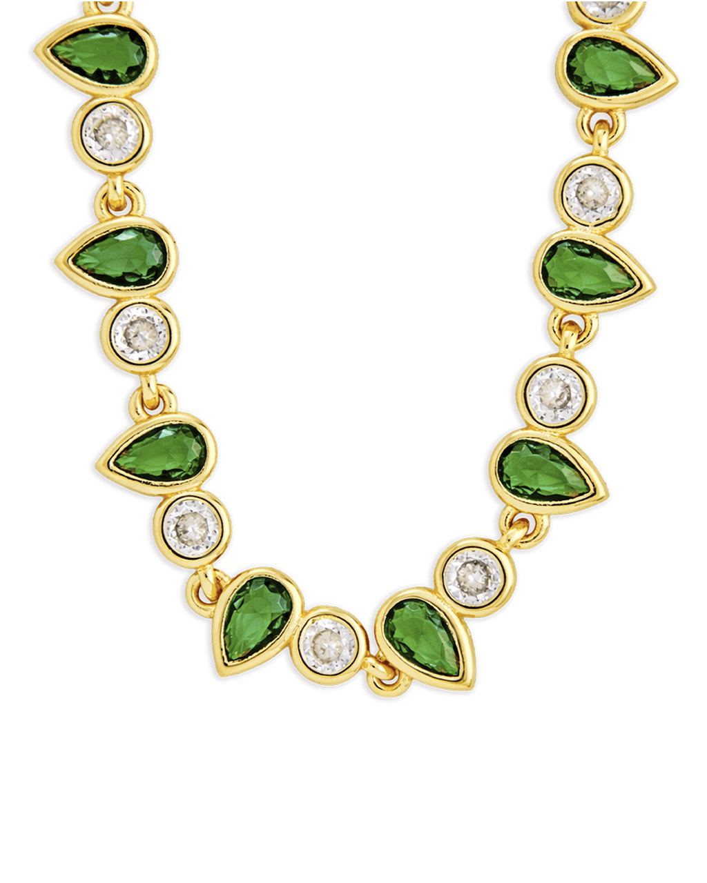 Emerald Pear & Round Cut Bezel CZ Tennis Necklace – 14K Gold Plated