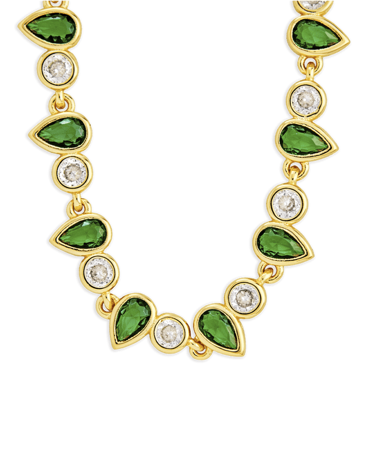 Emerald Pear & Round Cut Bezel CZ Tennis Necklace – 14K Gold Plated