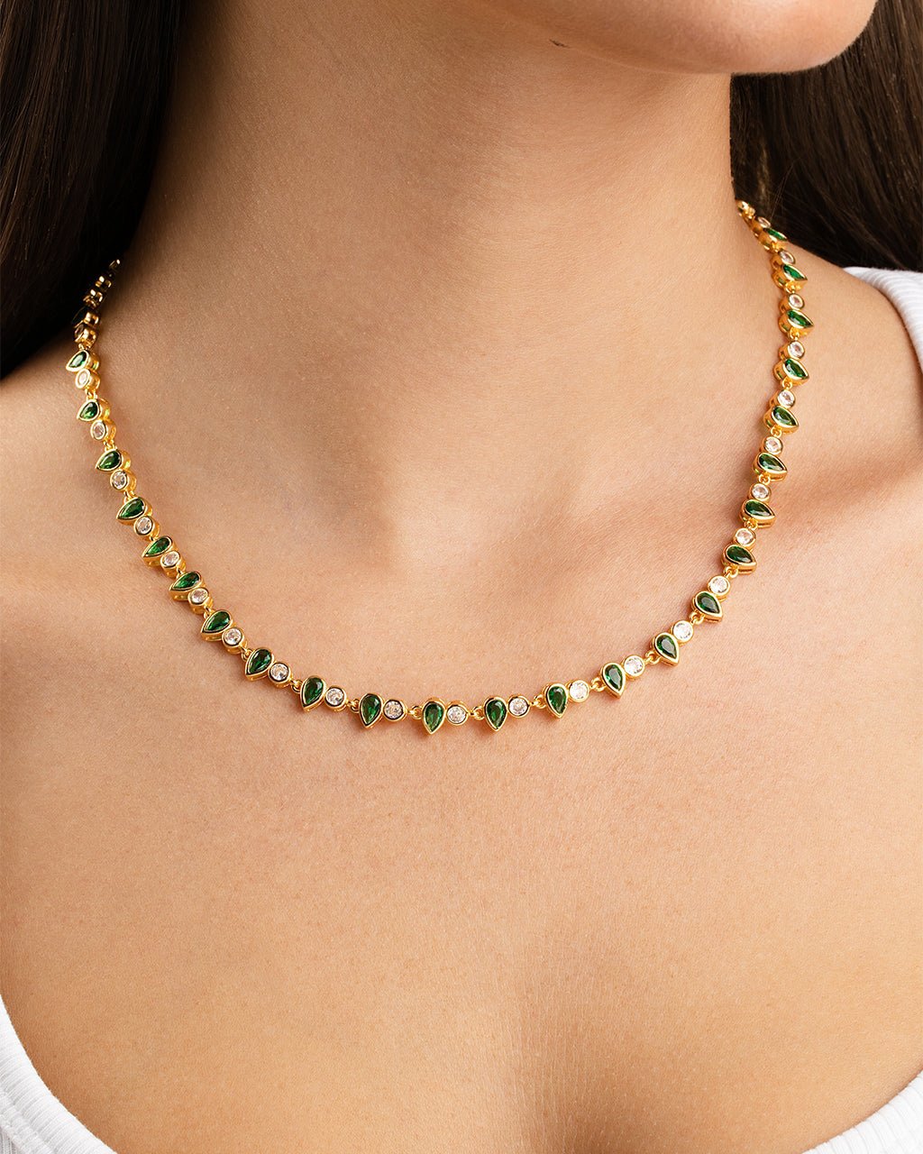 Emerald Pear & Round Cut Bezel CZ Tennis Necklace – 14K Gold Plated