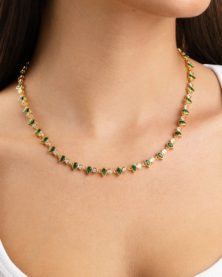 Emerald Pear & Round Cut Bezel CZ Tennis Necklace – 14K Gold Plated