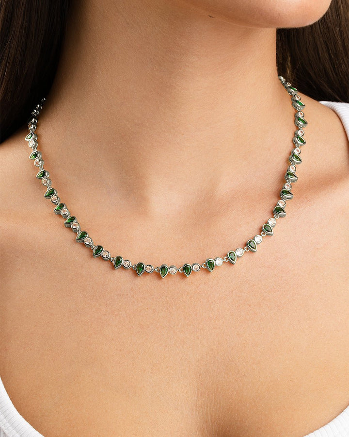 Emerald Pear & Round Cut Bezel CZ Tennis Necklace – 14K Gold Plated